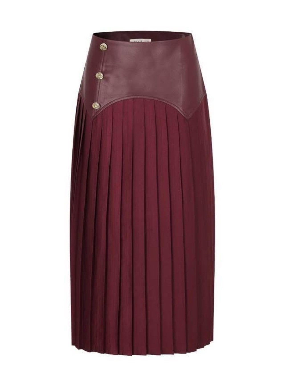 Pleated Midi Skirt with Faux-Leather High Waist in Burgundy